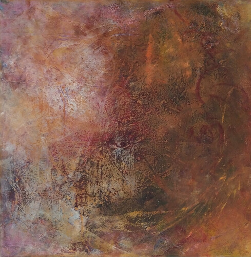 Carolyn Doran, Marvelous Error!, 2018, oil, cold wax, and oil bar on wood, 20" × 20"