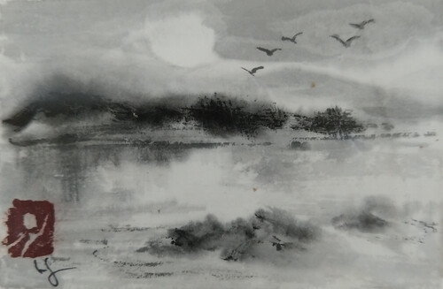 Linda Grace, Untitled, c. 2015, sumi-e, 4" × 3"