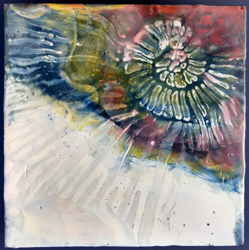 Dagmar Nickerson, Fish Fossil, 2019, encaustic, 8" × 8"